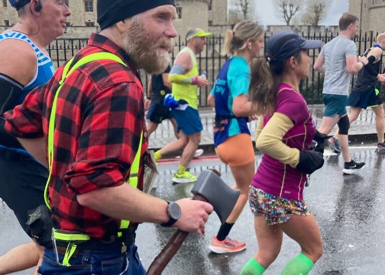 Chris Garratt running the London Marathon this year in a full lumberjack outfit.