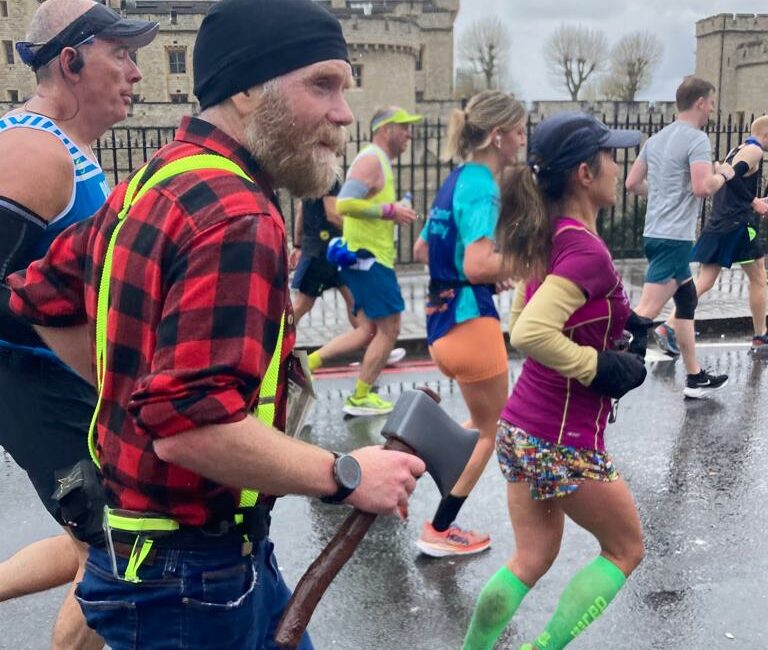 Chris Garratt running the London Marathon this year in a full lumberjack outfit.