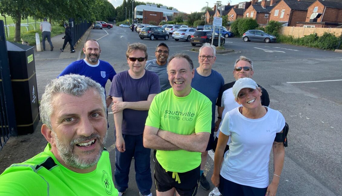 Selfie of eight runners training for Worcester City Runs on 15th September.