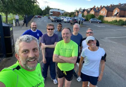 Selfie of eight runners training for Worcester City Runs on 15th September.