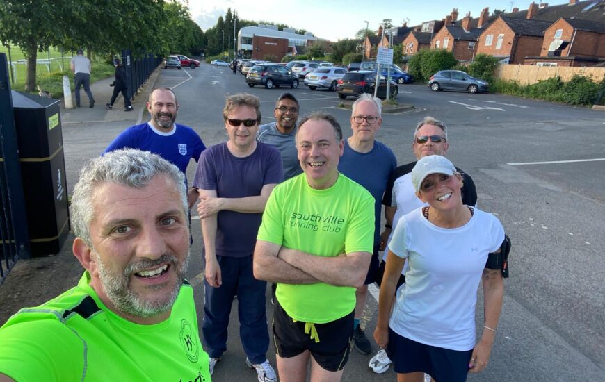 Selfie of eight runners training for Worcester City Runs on 15th September.